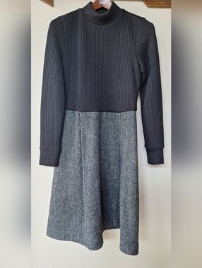 Du Paradis Tweed Mock Neck Sweater Dress Black Gray Knee-length Womens Size S